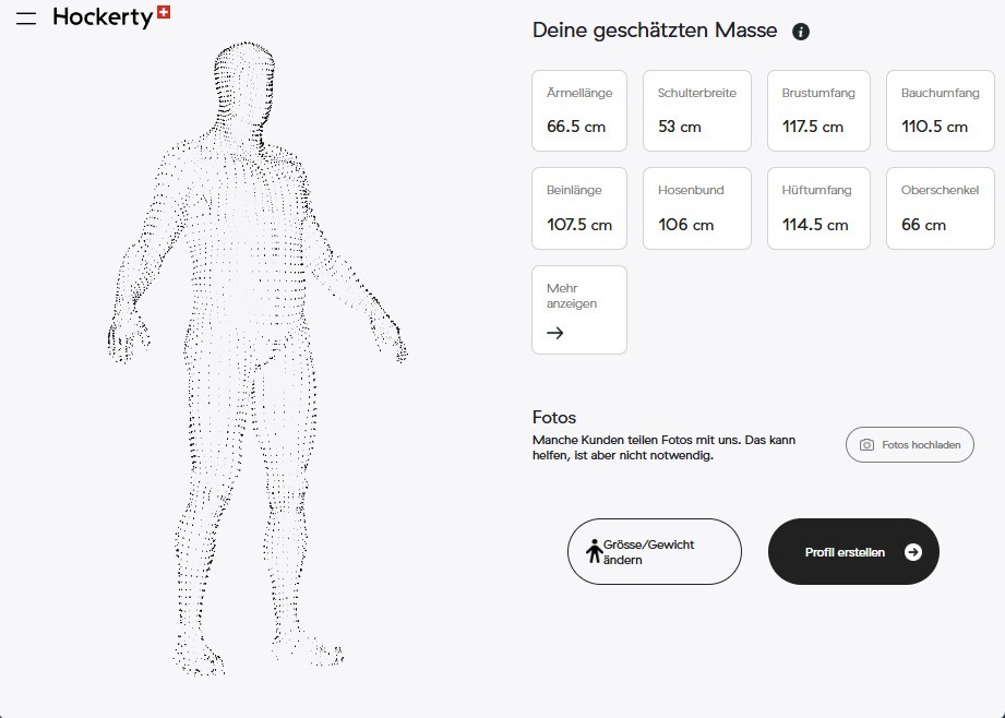 Digitales Körperprofil von Hockerty mit dreizehn Massen am 3D-Modell